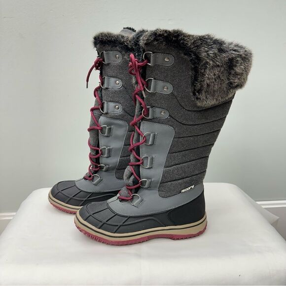 Lace up tall winter boots black grey maroon women's 7 frozen isogrip - Picture 1 of 7